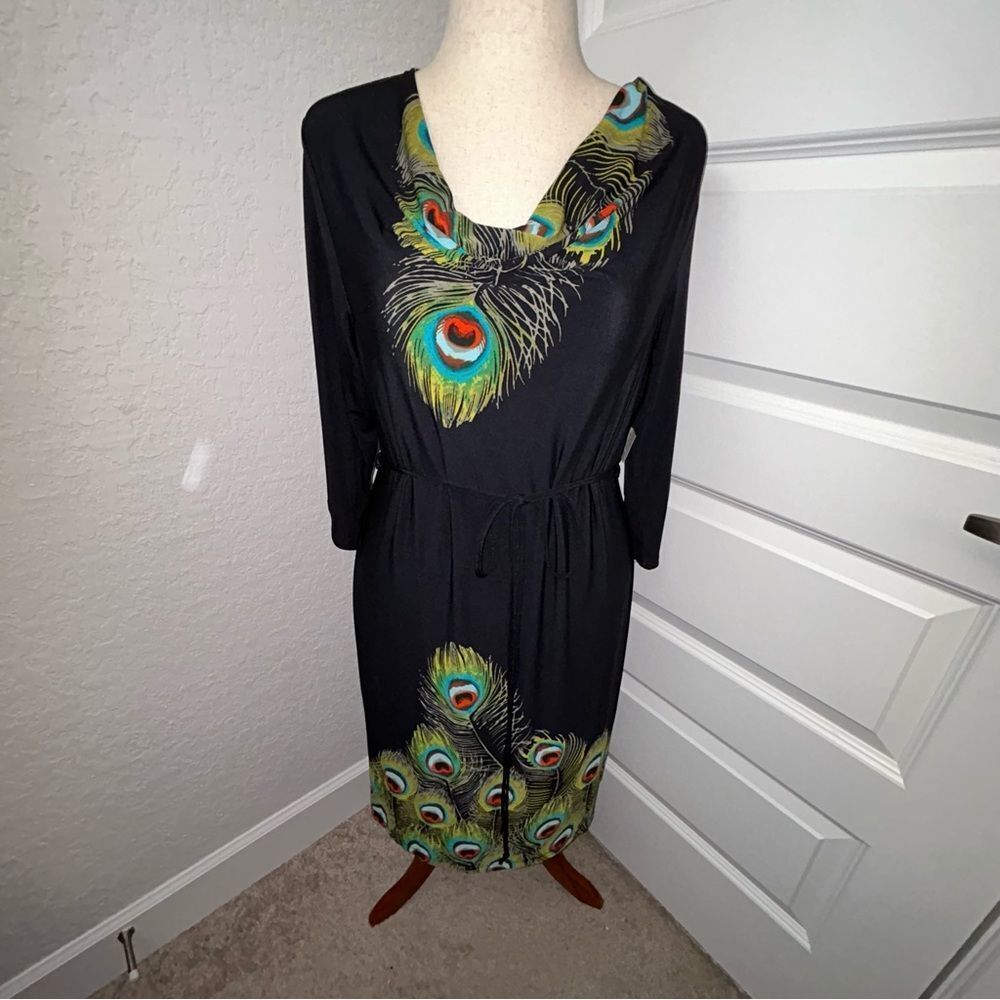 New, Madison Peacock Feather Print Cowlneck 3/4 Length Sleeve Dress - Picture 8 of 8